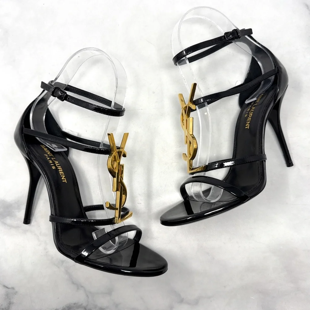 Saint Laurent YSL Cassandra Patent Leather Strappy Sandal Heels Black Gold 36.5 - Picture 3 of 16